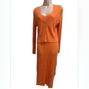 House of Harlow 1960 Orange Ribbed 3pc Knit Cardigan & Midi Tank Skirt Set Small